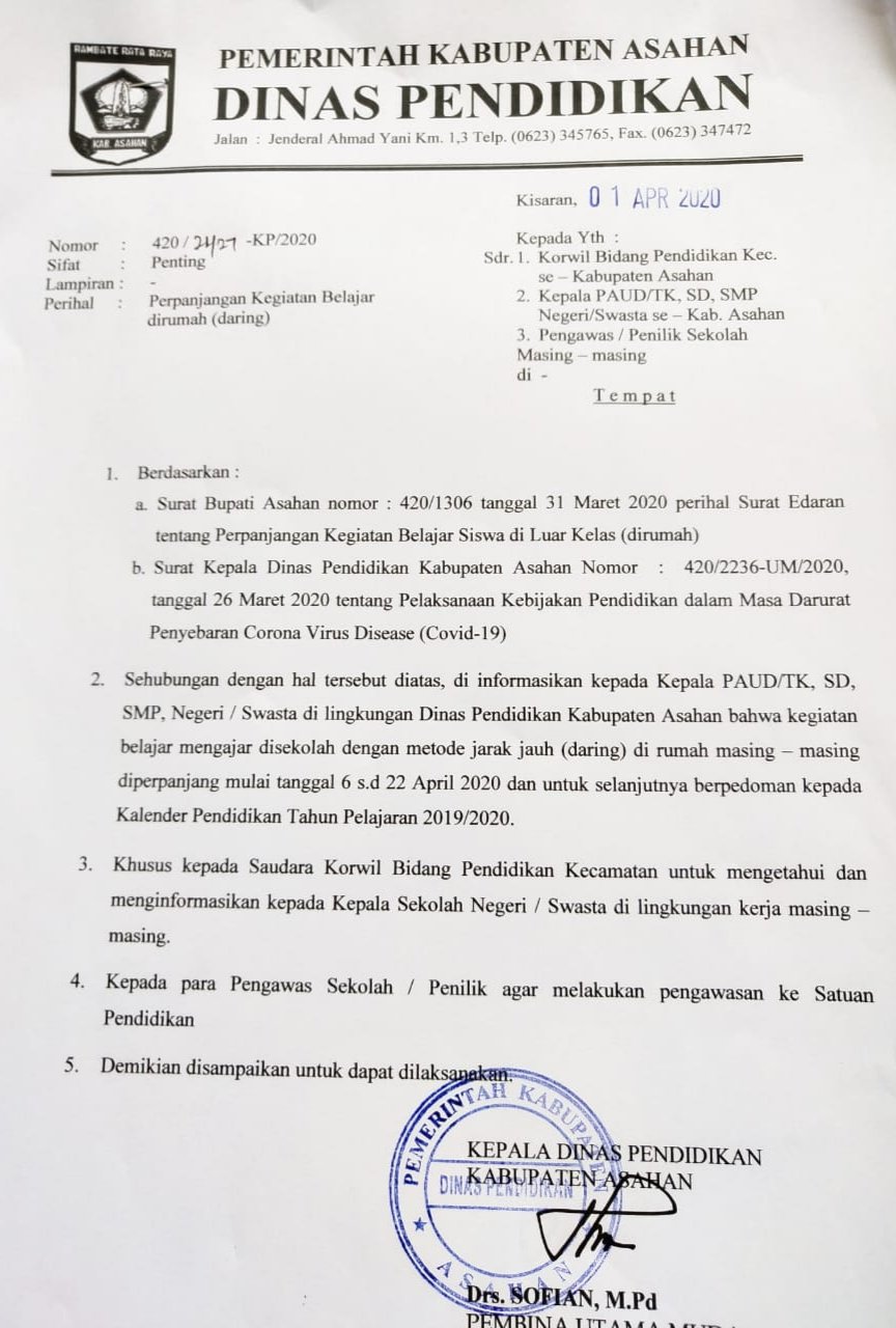 Darurat Covid-19, Disdik Kabupaten Asahan Perpanjang Masa Masuk Sekolah ...