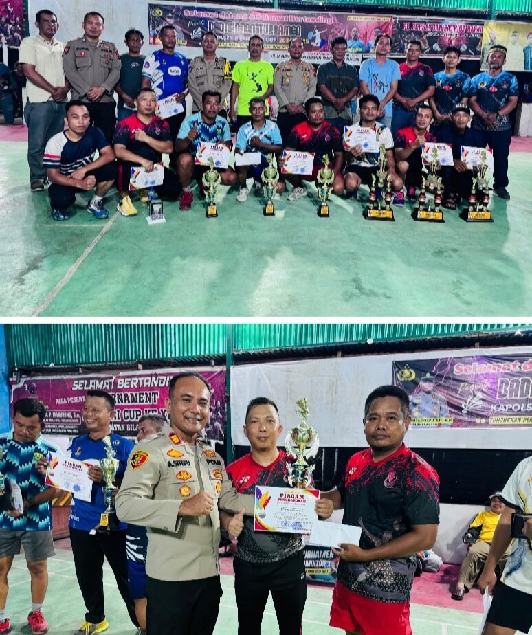 Kapolsek Bilah Hilir AKP Andita Sitepu SH, MH, memberikan hadiah dan piala kepada sang juara "Turnamen Badminton Kapolsek Bilah Hilir Cup ". Rabu, ( 26/02/2025)