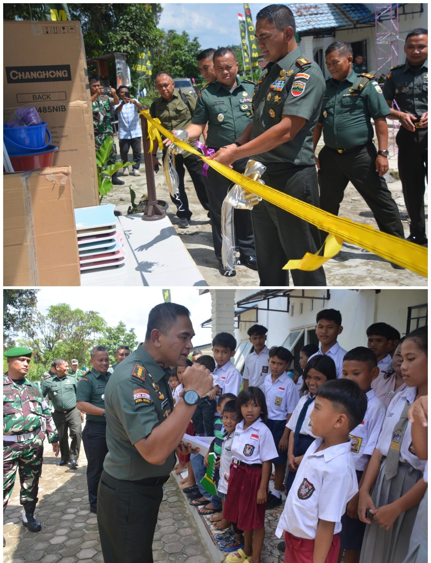 Danrem 022/Pantai Timur, Kolonel Inf Agus Supriyono, S.E., M.Han, saat lakukan pengguntingan pita tanda diresmikan Ruang Belajar Dan Fasilitas Rehabilitasi Panti Asuhan Thabita Care (atas), Danrem 022/Pantai Timur berdialog dengan anak-anak asuh.