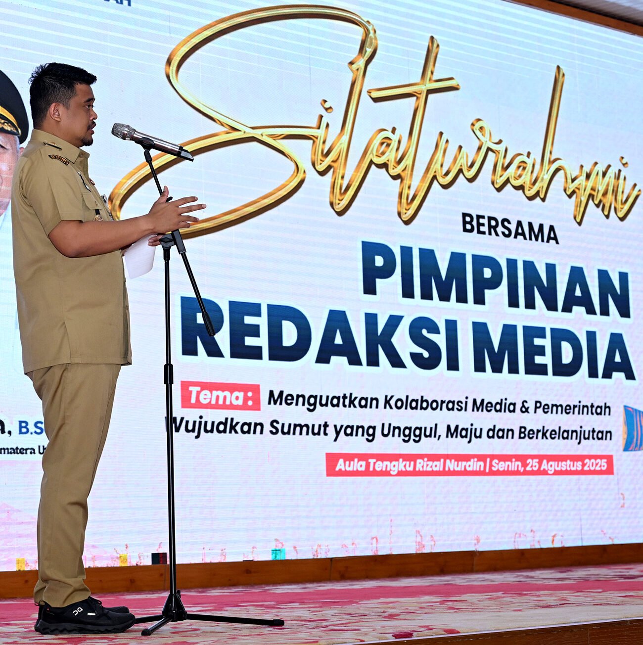 Gubsu Bobby Nasution saat menyampaikan sambutannya diacara pertemuan Para Pemimpin Redaksi Media.