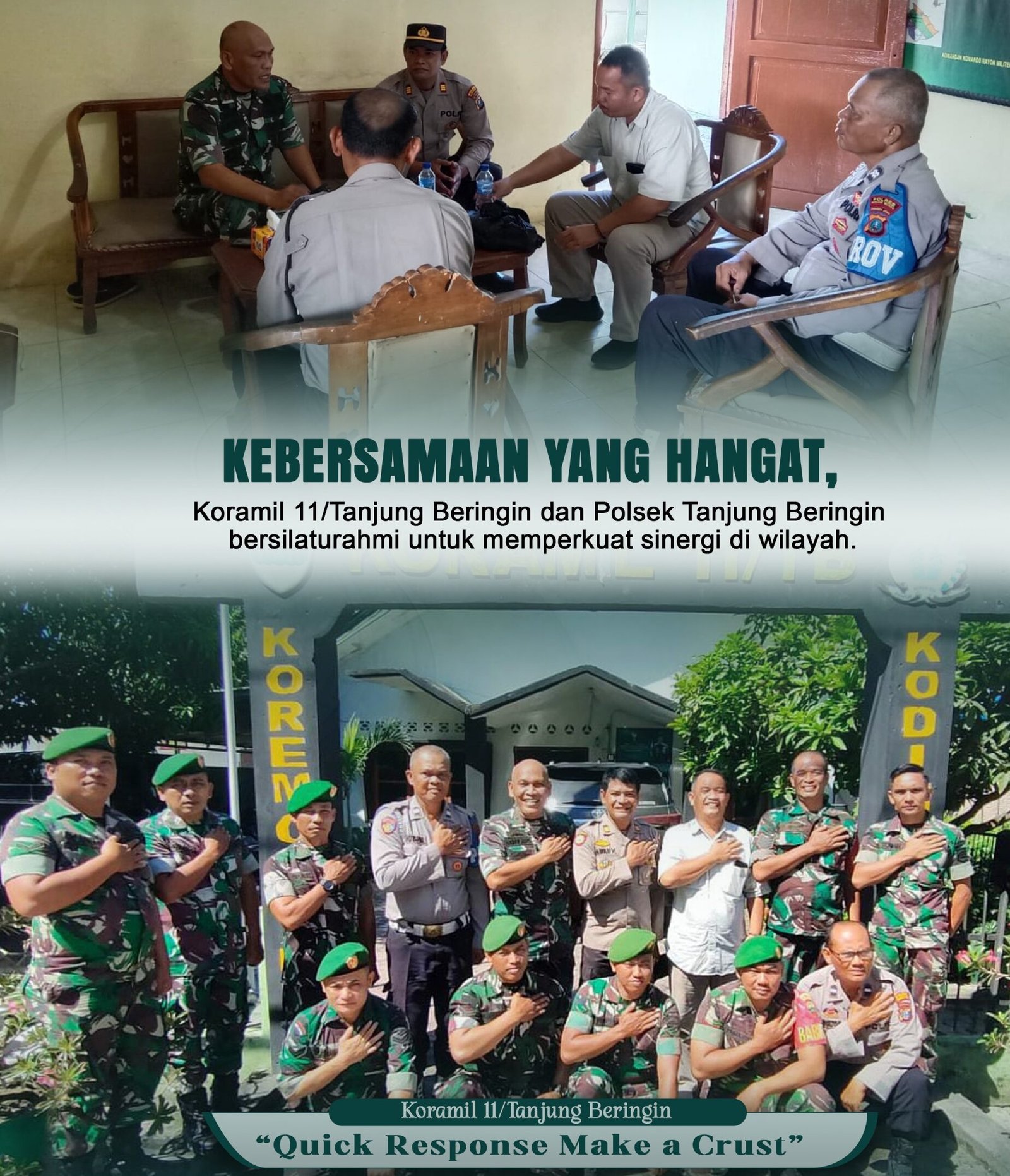 Danramil 11/Tanjung Beringin Mayor Inf Hairul Hadi, S.H., M.H., bersama jajaran Koramil, foto bersama usai silaturrahmi ke Kapolsek Tanjung Beringin AKP Pamilu Hutagaol, S.H., M.H., beserta perwira Polsek.
