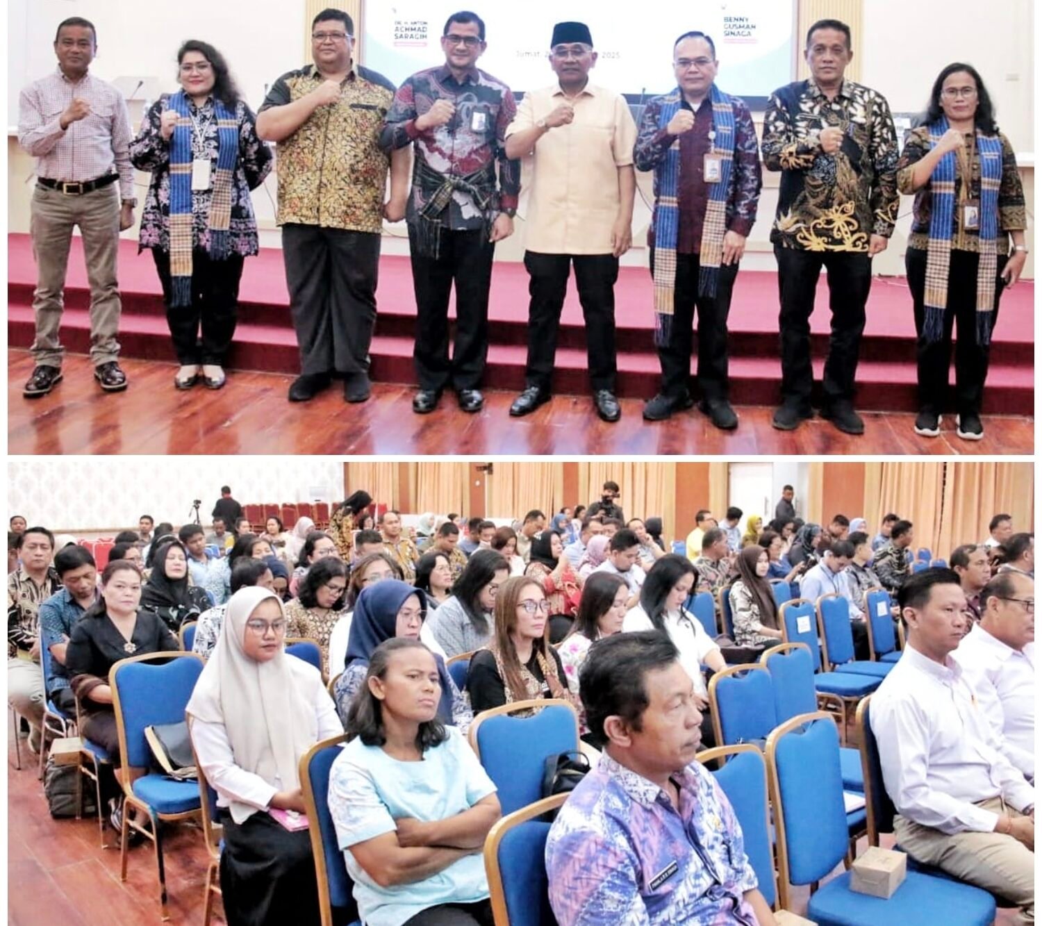 upati Simalungun foto bersama Deputi Direksi Kedeputian Wilayah I, Asisten Deputi Bidang Kepesertaan Mutu Pelayanan BPJS Kesehatan, Kepala Kantor BPJS Kesehatan Simalungun, Kepala BPJS Kesehatan Cabang Pematangsiantar, usai Launching UHC.