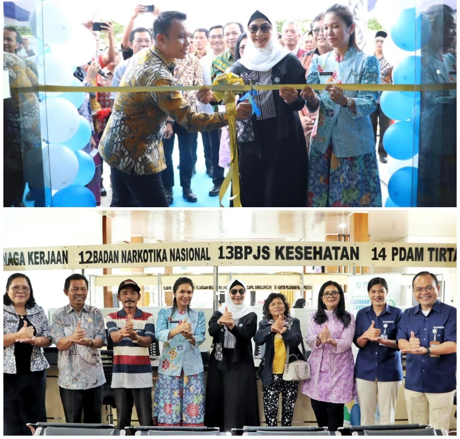 Wakil Bupati Simalungun, Benny Gusman Sinaga bersama Ketua TP PKK saat pengguntingan pita tanda peresmian MPP (atas), Foto bersama usai peresmian. (bawah).