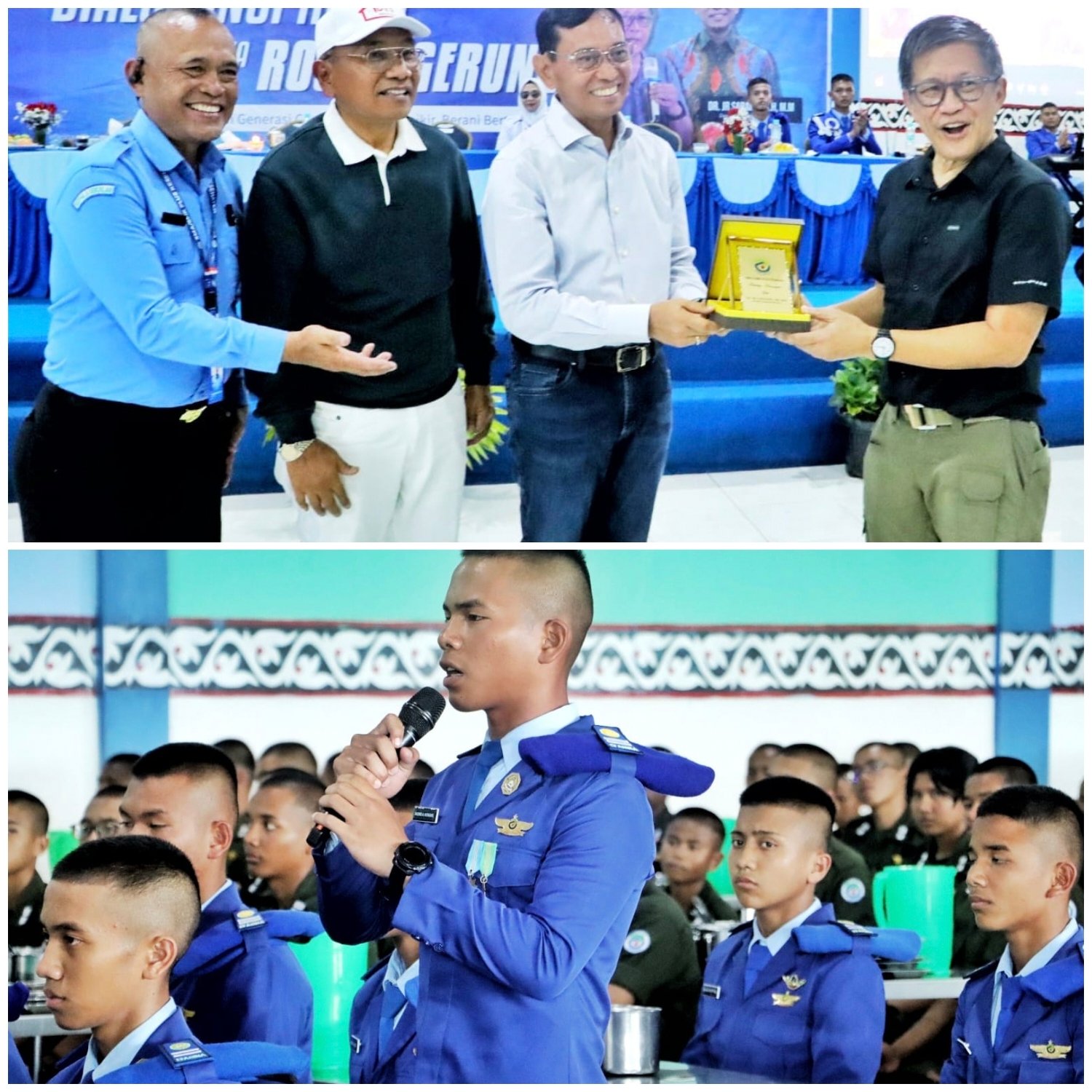 (atas) Dr. JR Saragih, selaku pendiri SMA Plus Efarina didampingi Bupati Simalungun saat berikan souvenir kepada Rocky Gerung, (bawah) SMA Plus Efarina.