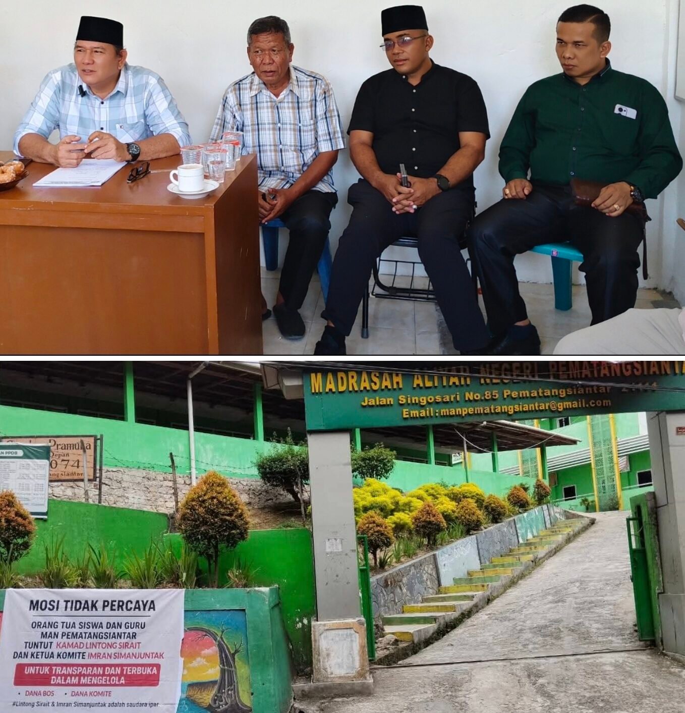 (atas) Ketua Komite Imran Simanjuntak (paling kiri) didampingi personil komite lainnya, Yusuf Siregar, Arifin Sihombing dan Boni Siregar. (bawah) Sekolah MAN Pematangsiantar