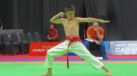 Fadhel Tirta Yudha yang turun di nomor seni gerak tunggal putra pada laga final yang digelar di Djarum Arena 3A, Kamis, Kudus.