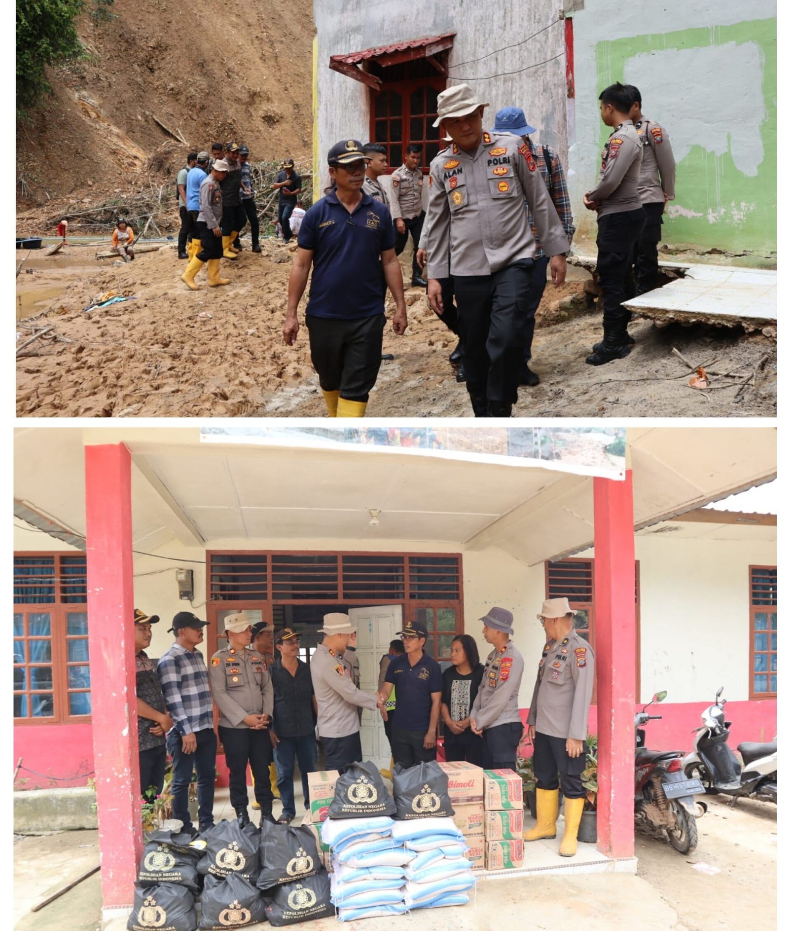 Kapolres Tapteng AKBP M. Alan Haikel saat meninjau lokasi tanah longsor  sekaligus menyerahkan bantuan sembako di Kecamatan Sitahuis, Kamis (19/2/2026).*