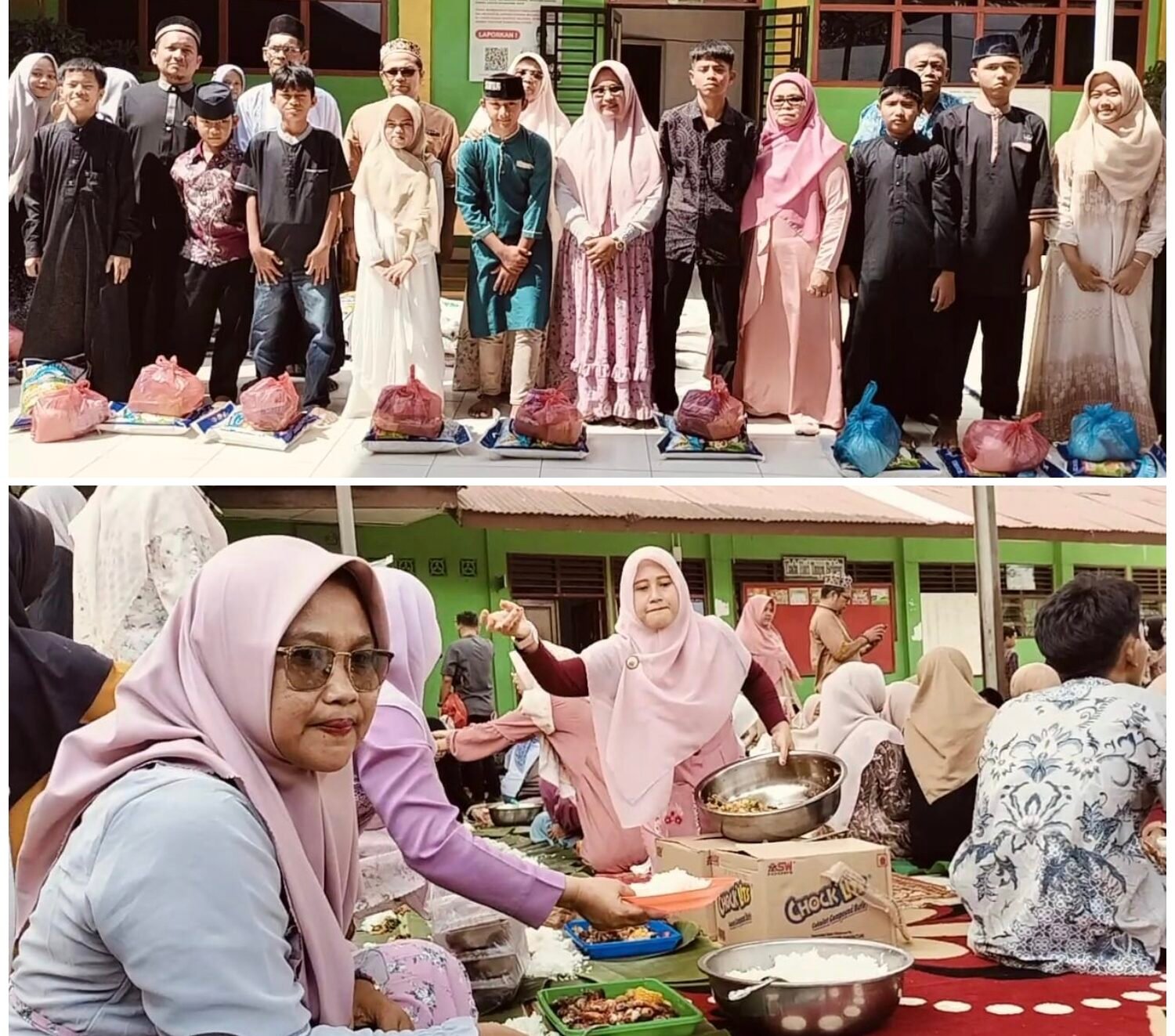 Keterangan gambar: (atas) MTsN Kota Pematangsiantar foto bersama usai santuni anak yatim, (bawah) Kamad) Nurhayati, saat makan bersama para guru, komite, anak didik, serta para undangan. 