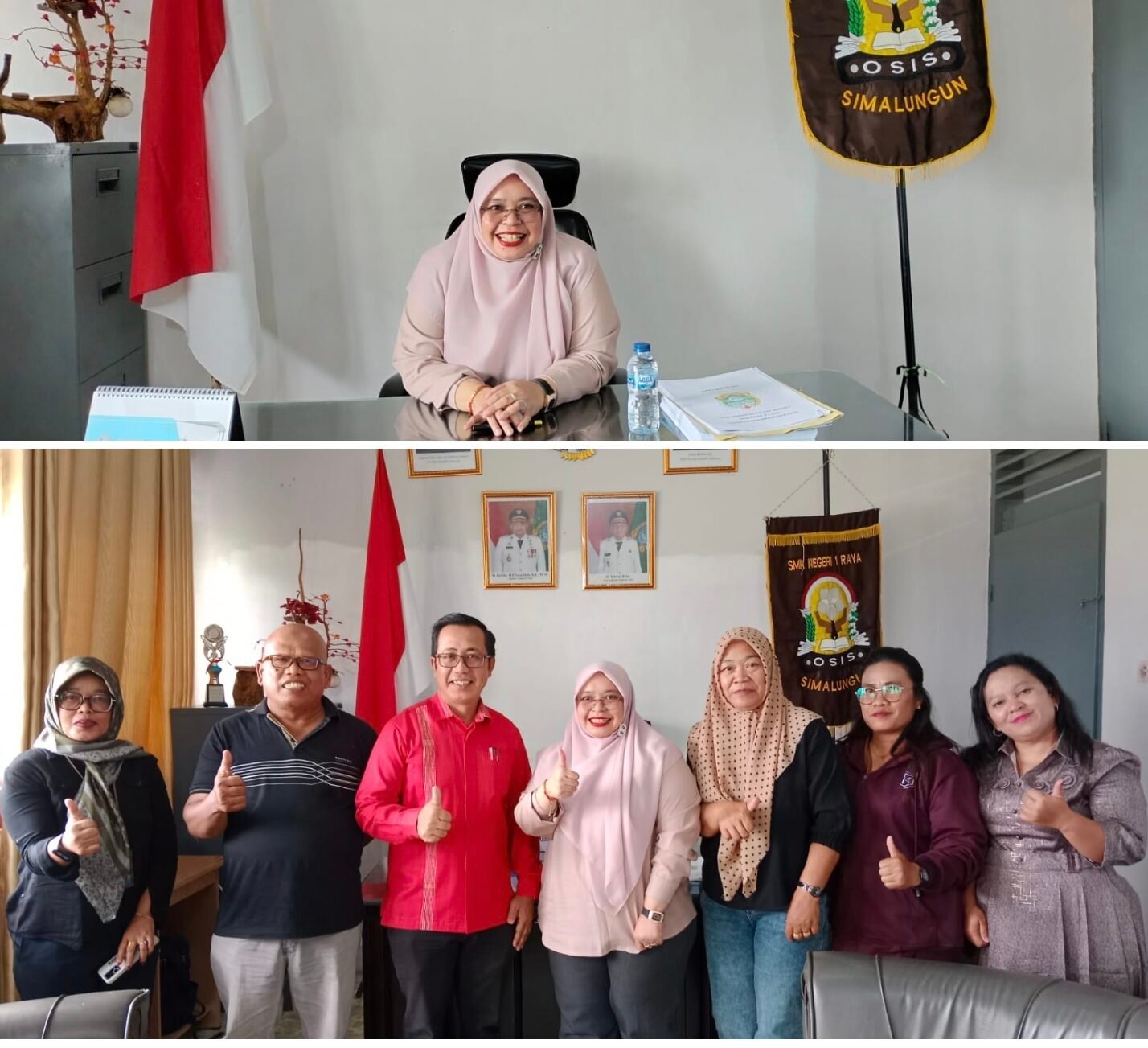 Atas : Dwi Rahayu Kepsek SMKN 1 Raya, Kepsek foto bersama Ketua Komite, dan PWI Siantar - Simalungun. 