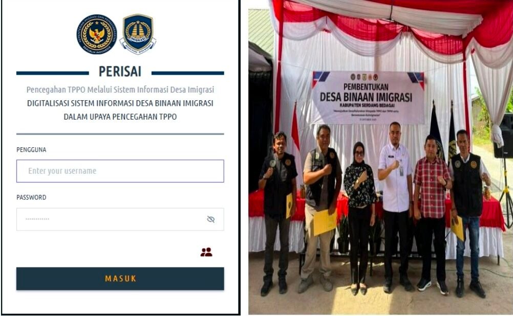 KIRI : Website PERISAI, (kanan) Kepala Kantor Imigrasi Kelas II TPI Pematangsiantar Benyamin Kali Patembal Harahap foto bersama Desa Binaan Imigrasi. 
