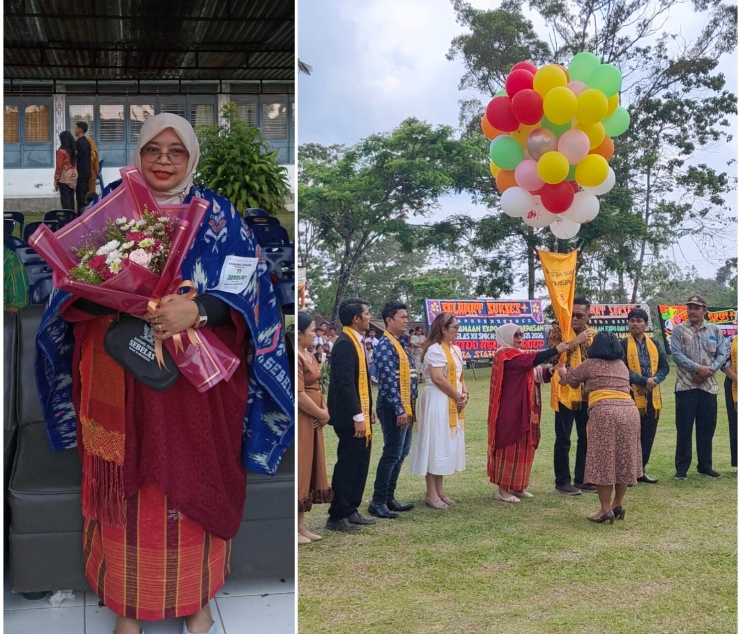 Kepala Sekolah SMK Negeri 1 Raya Dwi Rahayu, kanan, Pelepasan siswa ditandai dengan pelepasan balon ke udara.*