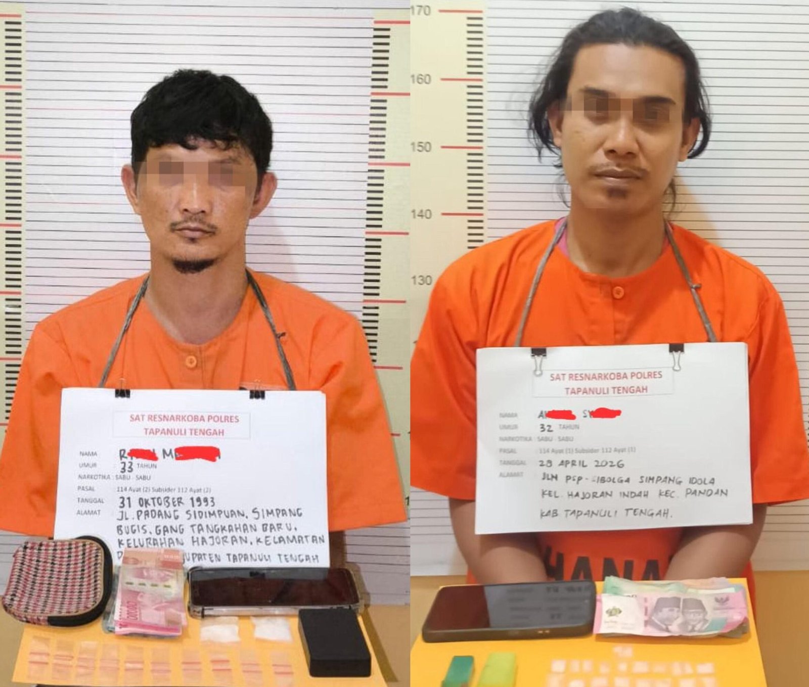 Kedua pelaku, AS (32) dan RM alias Risky (33) saat diinterogasi di Mapolres Tapteng beserta barang bukti, Selasa (28/4/2026).
