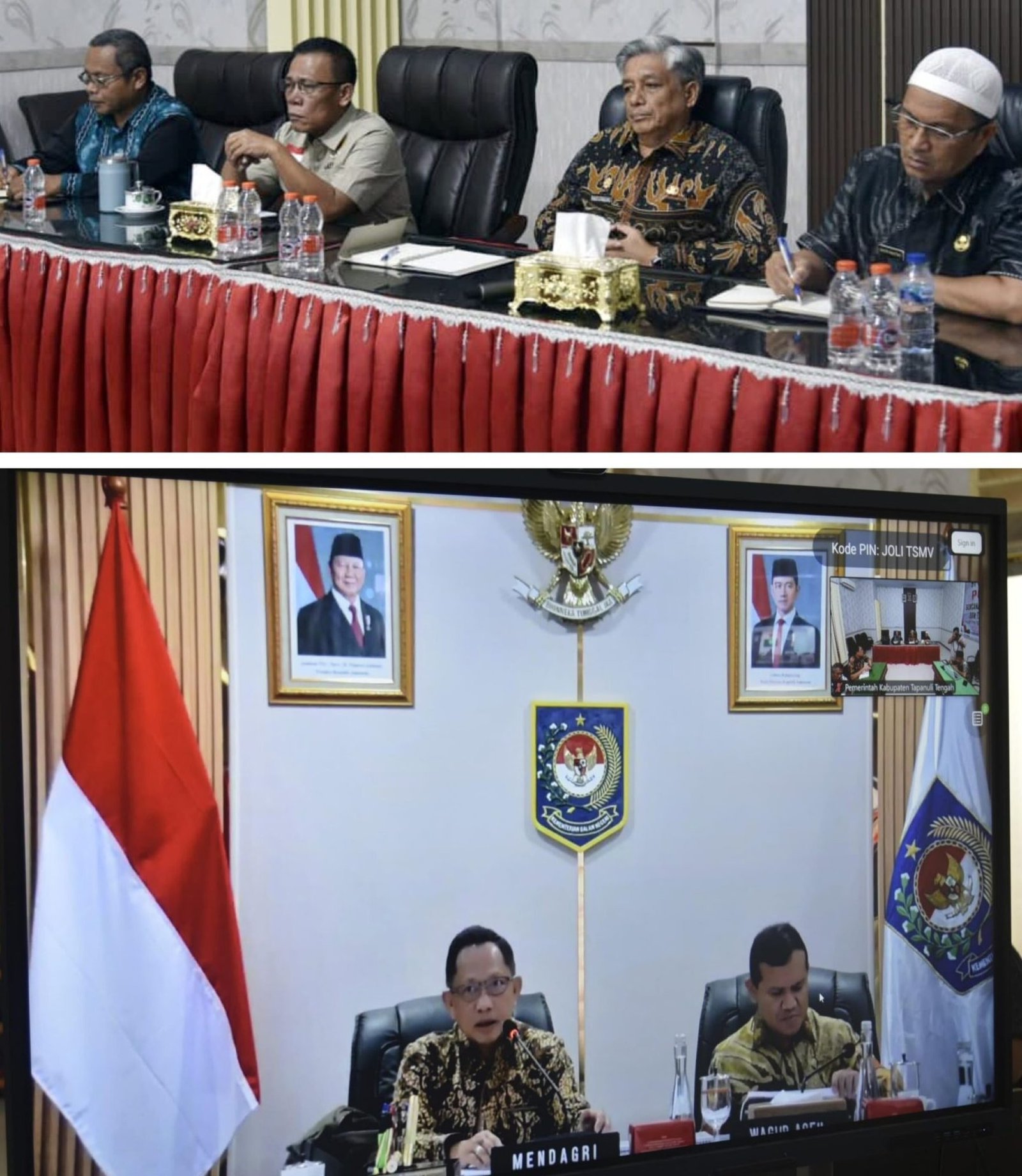 Bupati Tapteng dan jajarannya saat zoom meeting secara daring bersama Mendagri terkait percepatan pembangunan pascabencana alam, Kamis (21/5/2026).