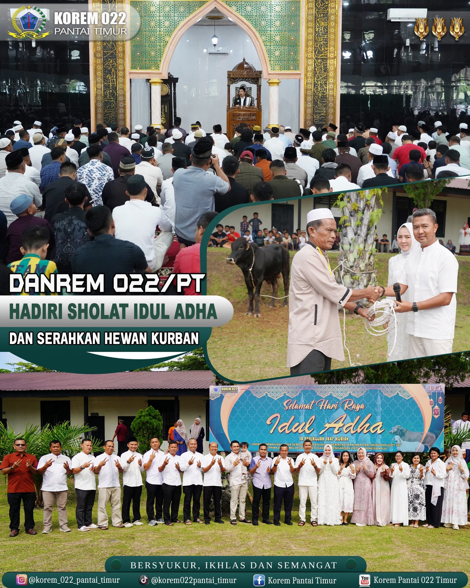 Danrem 022/PT Hadiri Sholat Idul Adha dan Serahkan Hewan Kurban di Makorem.