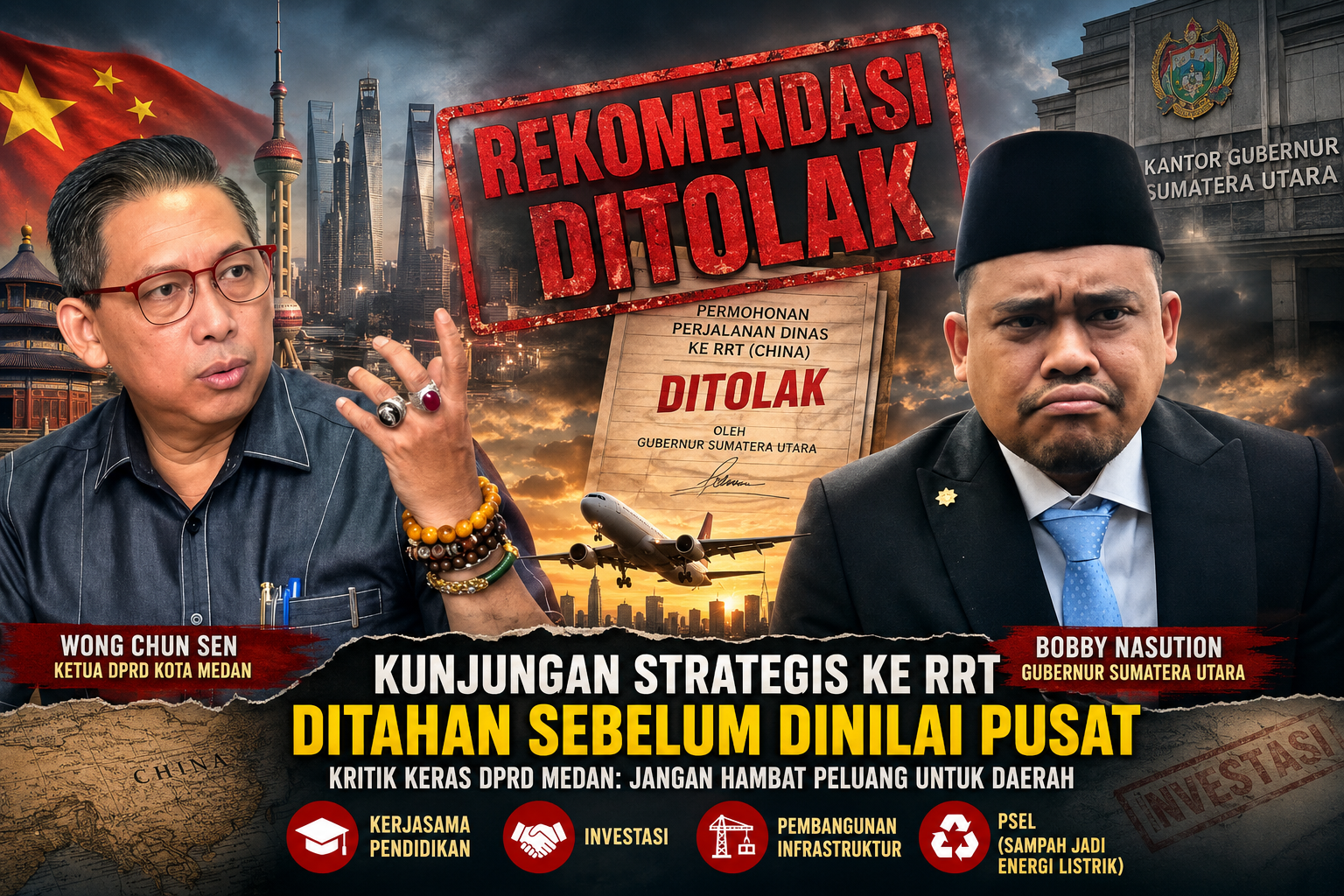 Kolase foto ilustrasi berita versi Artificial Intellegence atau AI terhadap polemik penolakan rekomendasi kunker Wali Kota Medan dan pimpinan dewan oleh Gubernur Sumut, Bobby Nasution. Istimewa