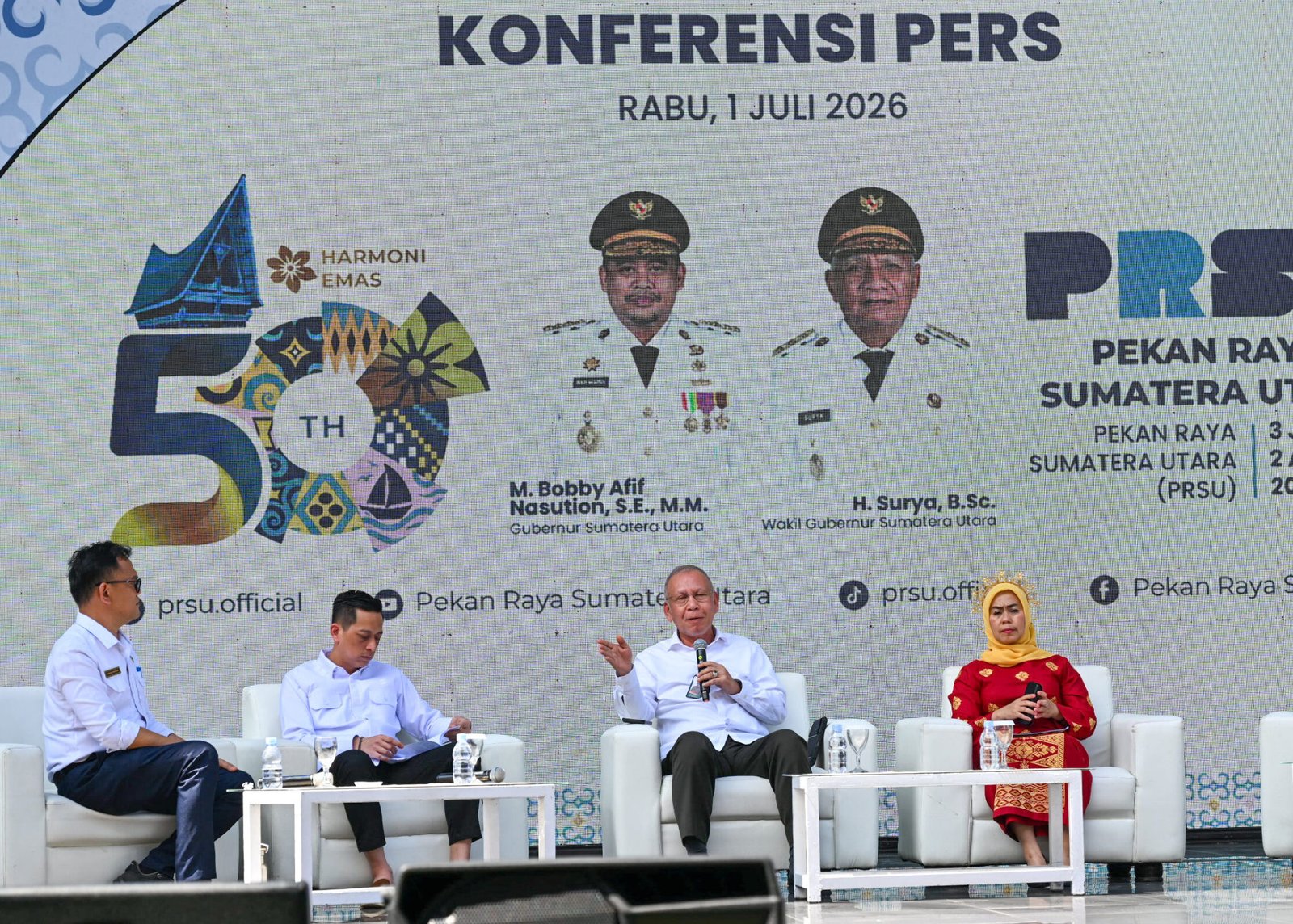 Temu Pers bersama panitia penyelenggara Pekan Raya Sumatera Utara (PRSU) ke-50 Tahun 2026 di Komplek PRSU (Panggung Keong Taman Budaya), Jalan Gatot Subroto Medan, Rabu (1/7/2026).