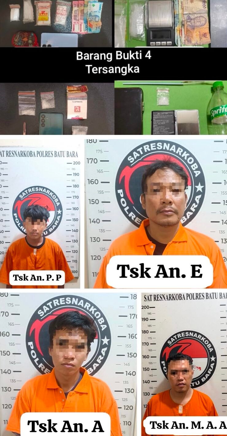 Para tersangka dan barang bukti diamankan Resnarkoba Polres Batu Bara.