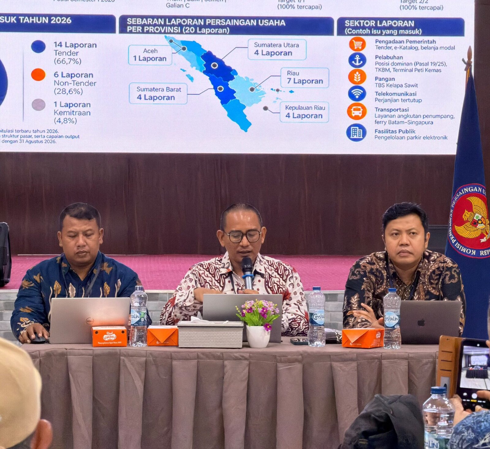 Kepala Kanwil I KPPU Ridho Pamungkas didmapingi Kabid Penegakan Hukum Hardianto serta Kabid Kajian dan Advokasi Shobi Kurnia dalam acara di aula Sri Deli, Gedung Keuangan Negara Medan.